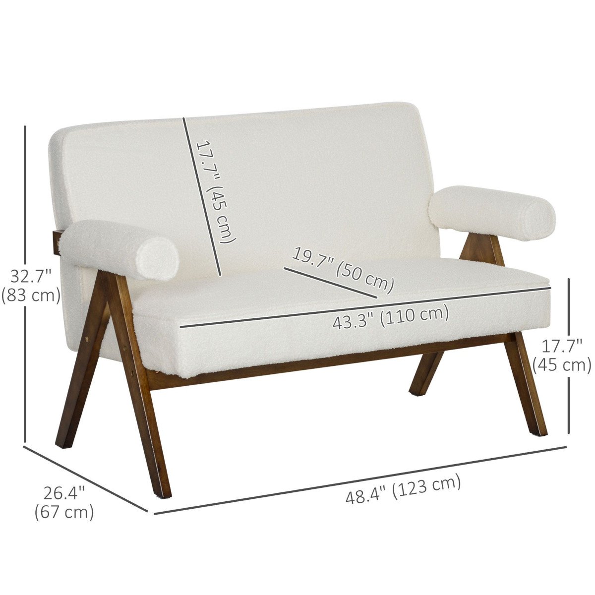Boucle Fabric 2 Seater Sofa, Small Sofa Loveseat with Thick Padding and Wood Legs, Cream White