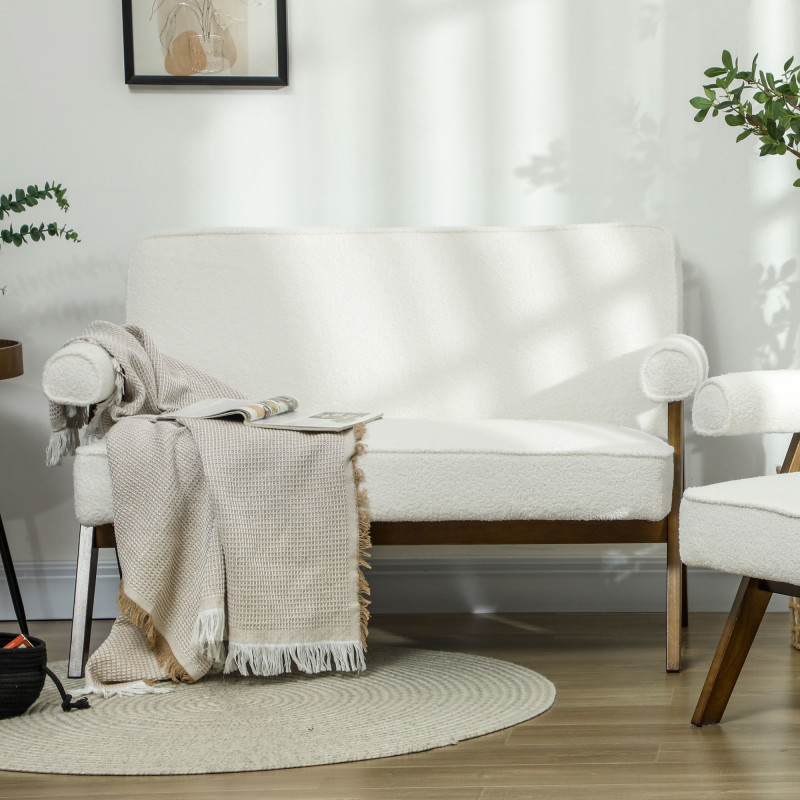 Boucle Fabric 2 Seater Sofa, Small Sofa Loveseat with Thick Padding and Wood Legs, Cream White