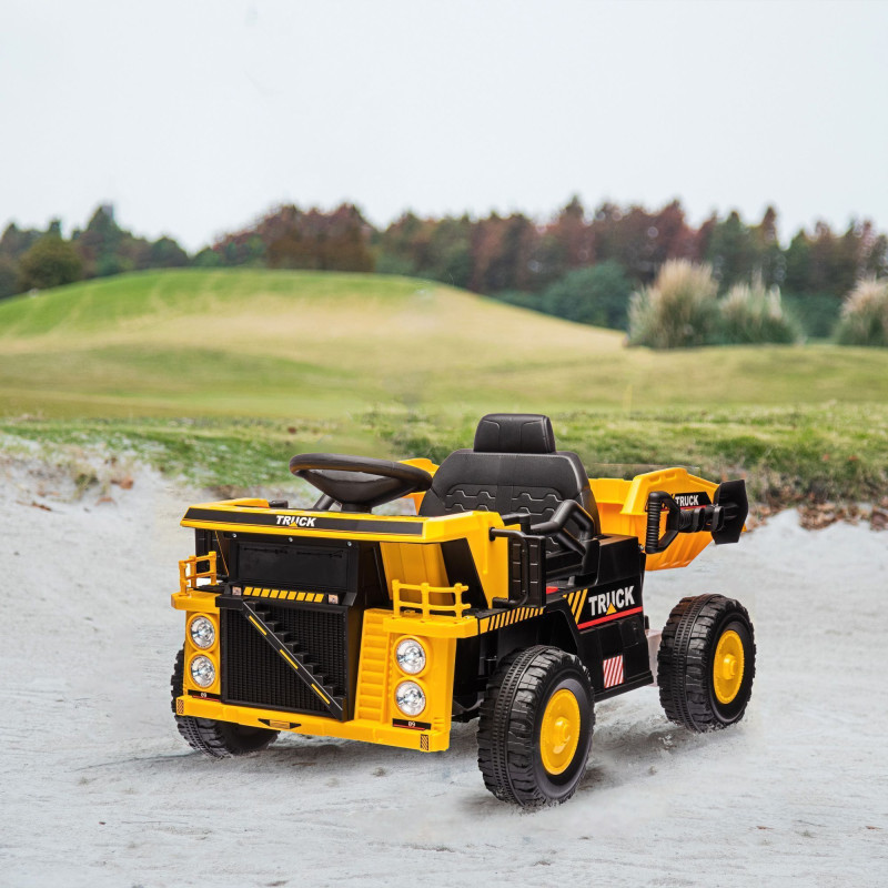 Qaba 12V Kids Ride On Dump Truck Construction Vehicle w/ Electric Dump Bed, Shovel, Spring Suspension Wheels
