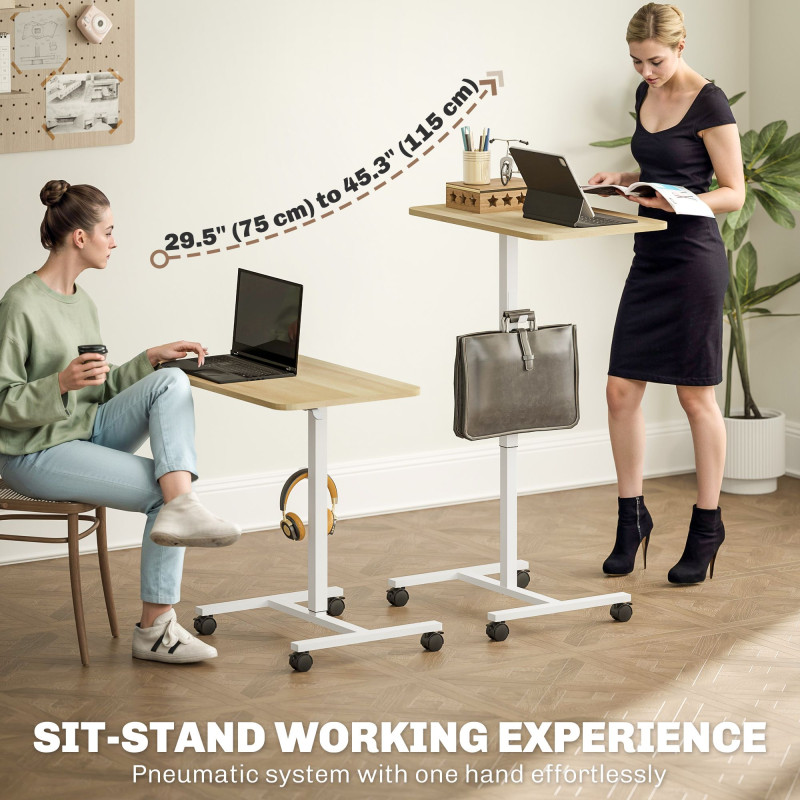 Height Adjustable Standing Desk, Pneumatic Sit Stand Desk with Wheels and Headphone Hook, Natural Wood Grain
