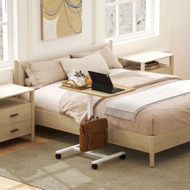 Height Adjustable Standing Desk, Pneumatic Sit Stand Desk with Wheels and Headphone Hook, Natural Wood Grain