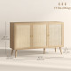 Kitchen Sideboard Cabinet, Boho Storage Cabinet with Shelves, Wood Legs, Decorative Rattan Doors, Natural