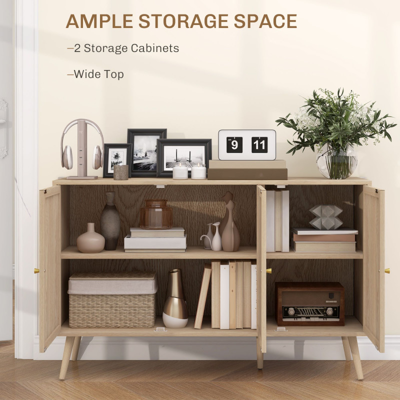 Kitchen Sideboard Cabinet, Boho Storage Cabinet with Shelves, Wood Legs, Decorative Rattan Doors, Natural