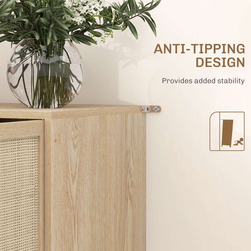 Kitchen Sideboard Cabinet, Boho Storage Cabinet with Shelves, Wood Legs, Decorative Rattan Doors, Natural