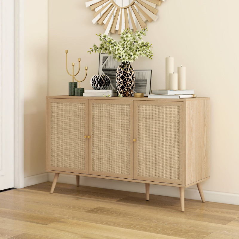 Kitchen Sideboard Cabinet, Boho Storage Cabinet with Shelves, Wood Legs, Decorative Rattan Doors, Natural