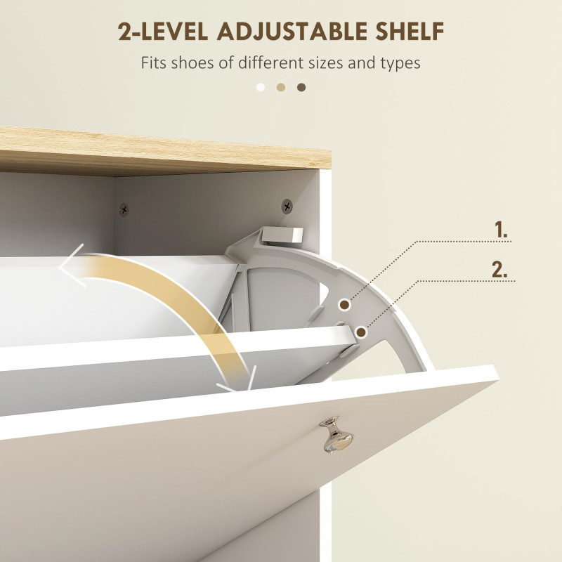 2 Drawers Shoe Storage Cabinet with Adjustable Shelves for 16 Pairs of Shoes, White
