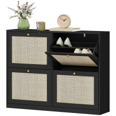 Narrow Shoe Storage Cabinet, Rattan Shoe Cabinet with 4 Flip Drawers and Adjustable Shelves for 20 Pairs, Black