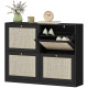 Narrow Shoe Storage Cabinet, Rattan Shoe Cabinet with 4 Flip Drawers and Adjustable Shelves for 20 Pairs, Black