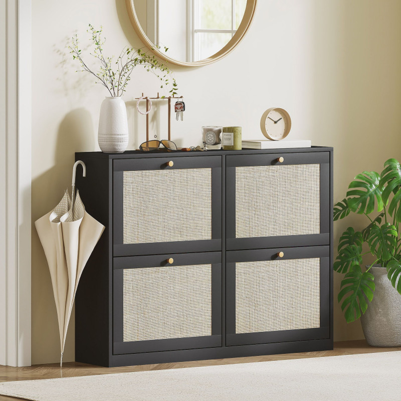 Narrow Shoe Storage Cabinet, Rattan Shoe Cabinet with 4 Flip Drawers and Adjustable Shelves for 20 Pairs, Black