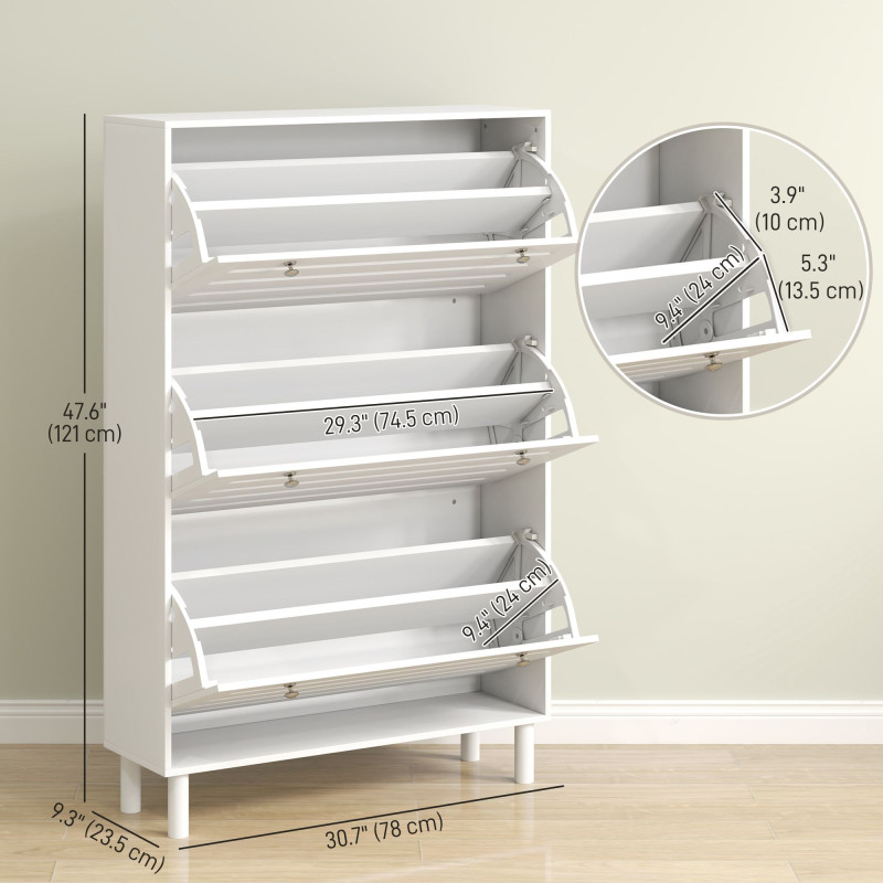 Narrow Shoe Storage Cabinet, 3 Flip Drawers, Adjustable Shelves, 24 Pairs Capacity, White