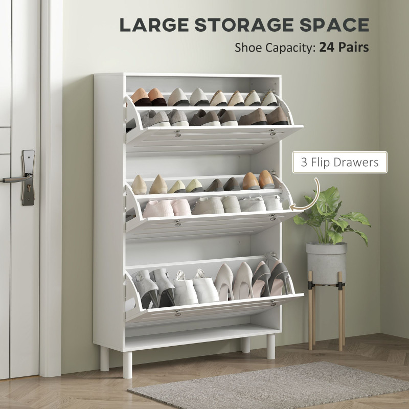 Narrow Shoe Storage Cabinet, 3 Flip Drawers, Adjustable Shelves, 24 Pairs Capacity, White