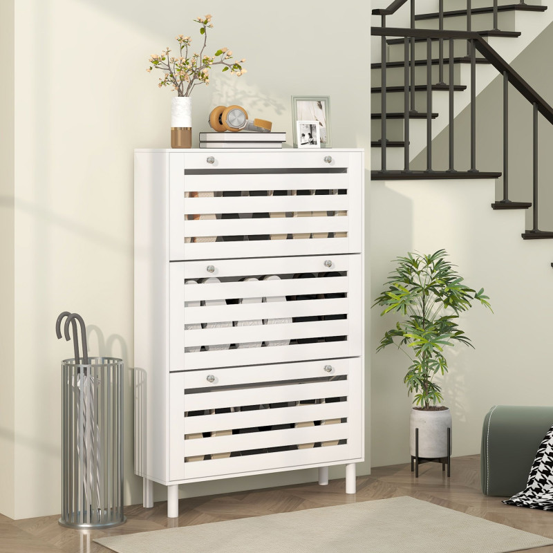 Narrow Shoe Storage Cabinet, 3 Flip Drawers, Adjustable Shelves, 24 Pairs Capacity, White
