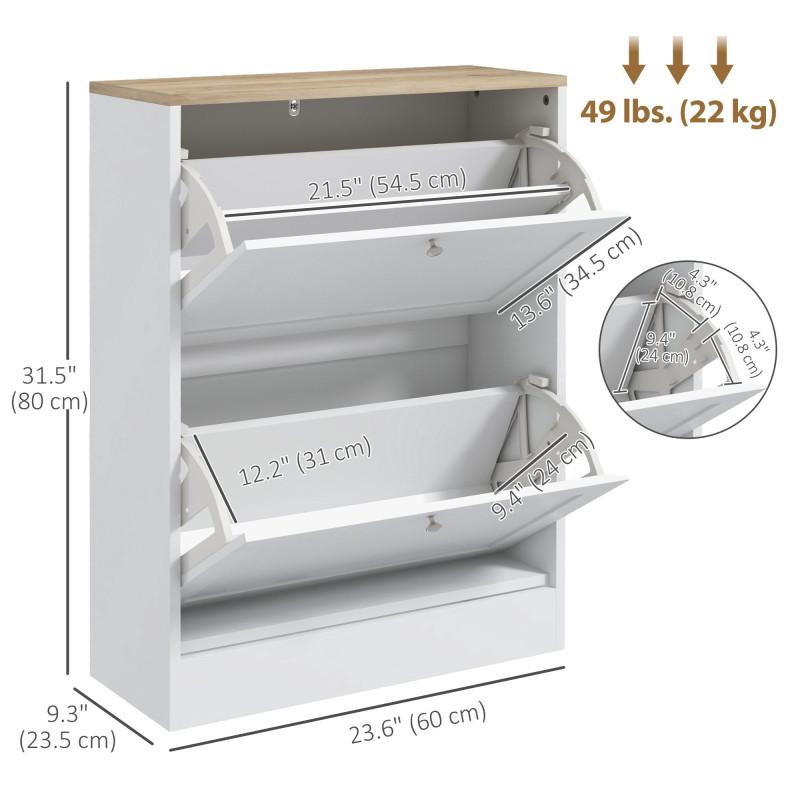 Slim Shoe Storage Cabinet, Modern Shoe Cabinet with 2 Flip Drawers and Adjustable Shelves for 8-12 Pairs, White