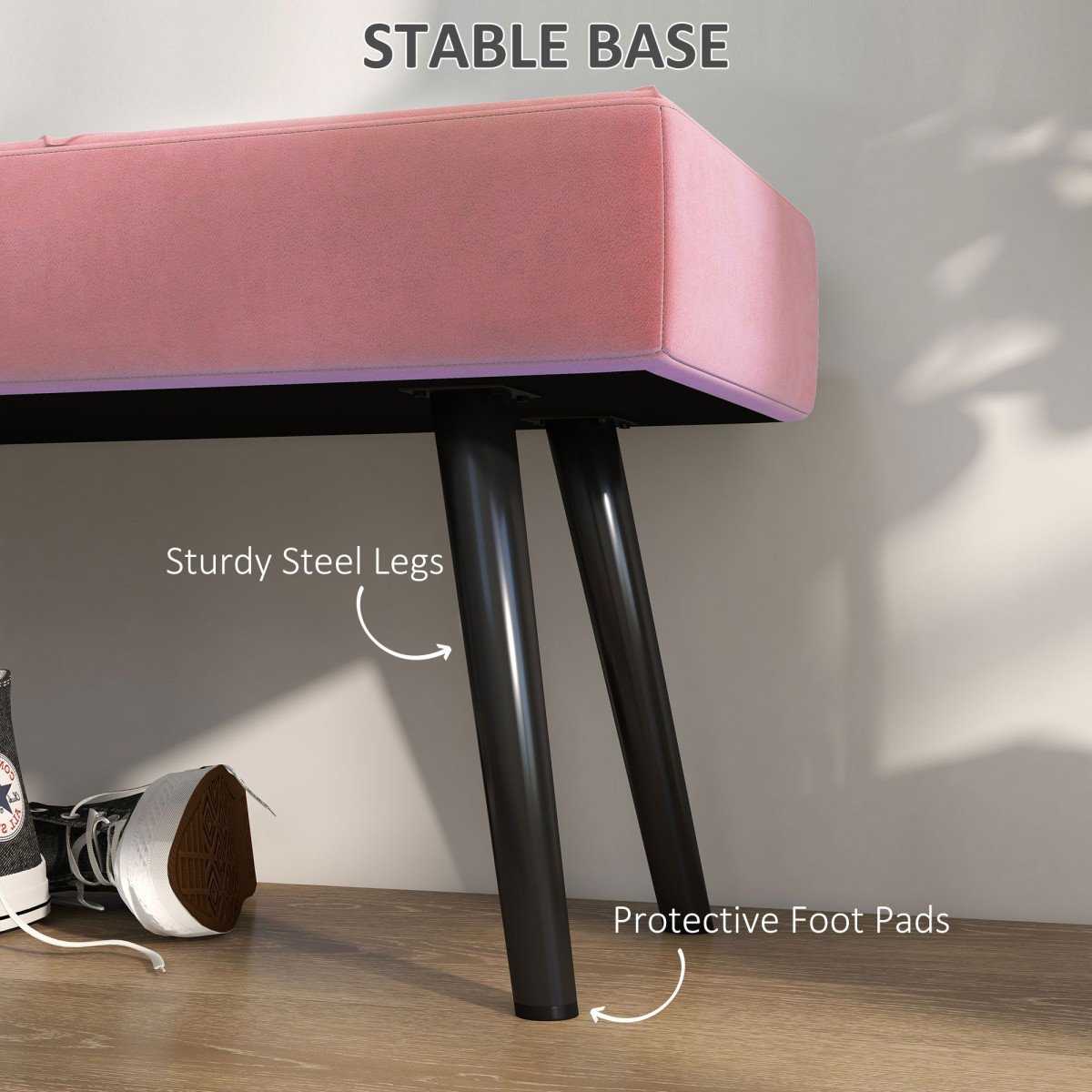 39 Inches Upholstered Bedroom Bench, Modern End of Bed Bench with Steel Legs, Pink