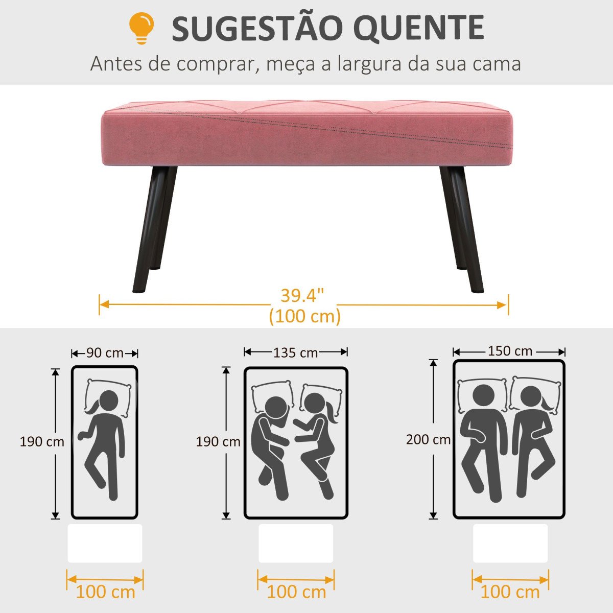 39 Inches Upholstered Bedroom Bench, Modern End of Bed Bench with Steel Legs, Pink