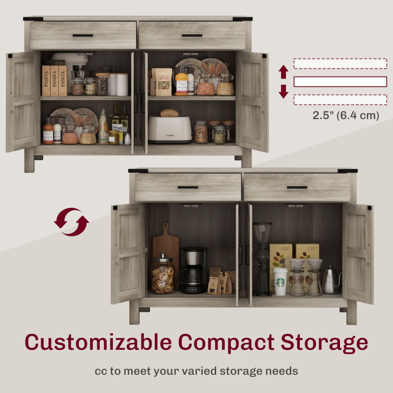 Side Cabinet, Farmhouse Kitchen Storage Cabinet w/ 2 Drawers and Shelves for Living Room, Entryway, Grey