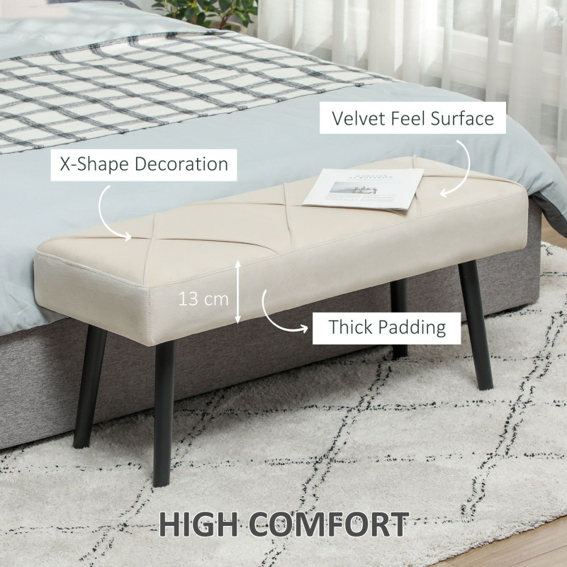 39 Inches Upholstered Bedroom Bench, Modern End of Bed Bench with Steel Legs, Cream White
