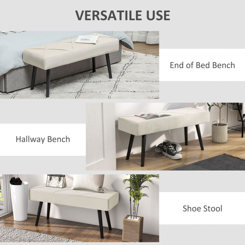 39 Inches Upholstered Bedroom Bench, Modern End of Bed Bench with Steel Legs, Cream White