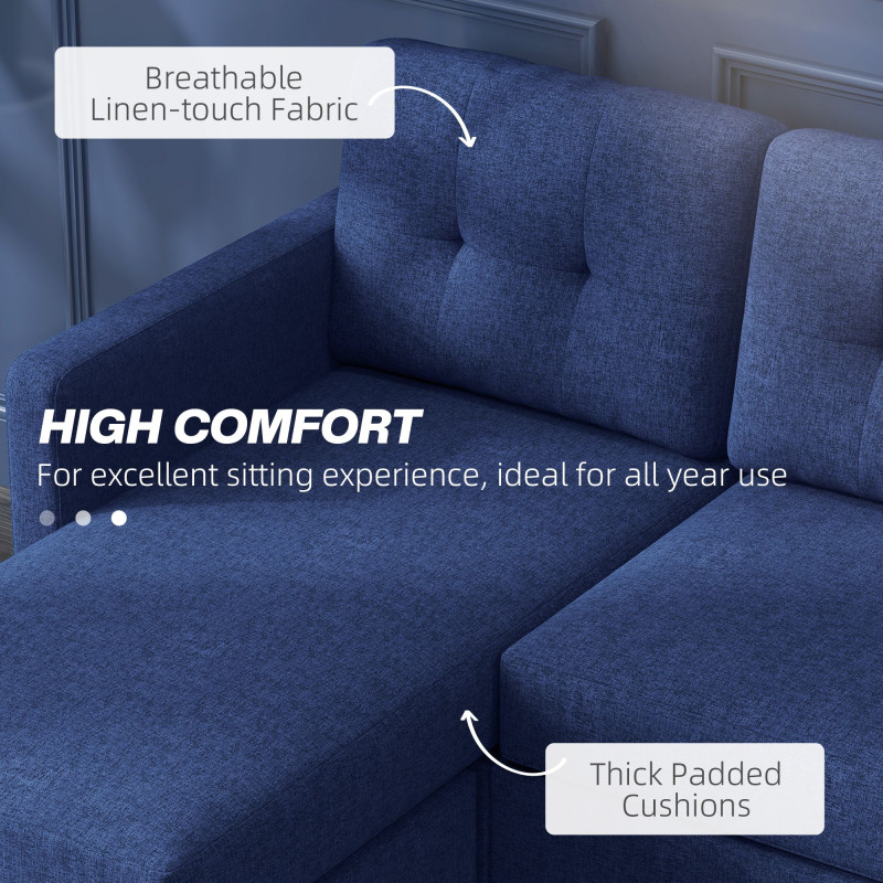 L-shaped Sofa, 3 Seater Sectional Couch with Ottoman, Corner Sofa with Thick Padded Cushion and Wood Legs, Dark Blue