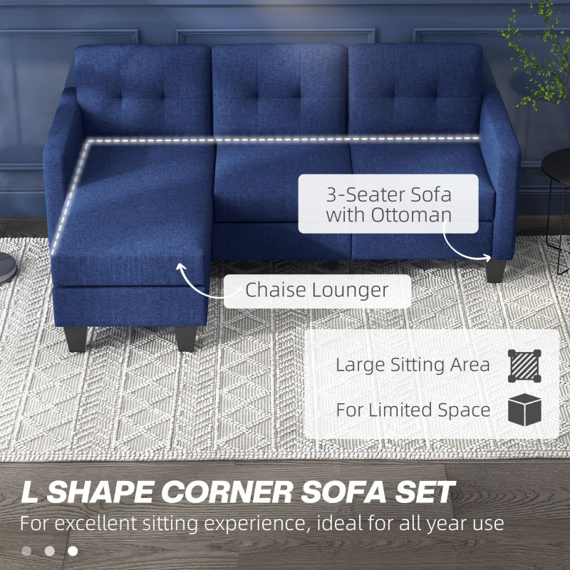L-shaped Sofa, 3 Seater Sectional Couch with Ottoman, Corner Sofa with Thick Padded Cushion and Wood Legs, Dark Blue