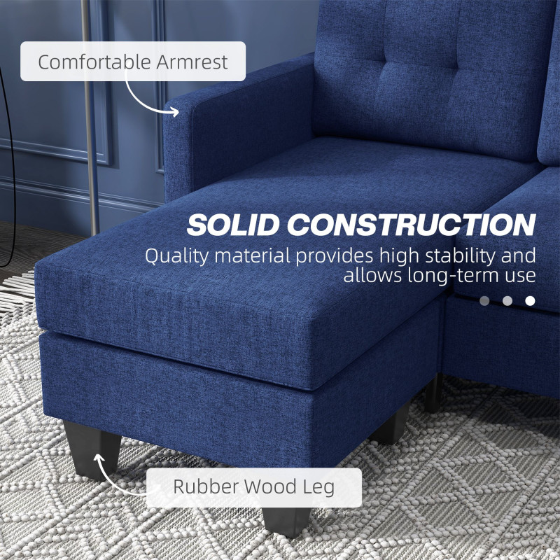 L-shaped Sofa, 3 Seater Sectional Couch with Ottoman, Corner Sofa with Thick Padded Cushion and Wood Legs, Dark Blue