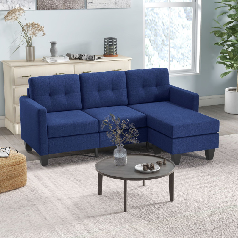L-shaped Sofa, 3 Seater Sectional Couch with Ottoman, Corner Sofa with Thick Padded Cushion and Wood Legs, Dark Blue