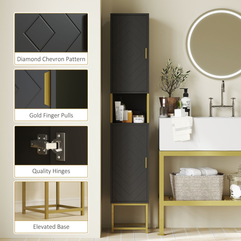 Tall Bathroom Storage Cabinet, Modern Narrow Bathroom Cabinet with Diamond Chevron Pattern and Adjustable Shelf, Black