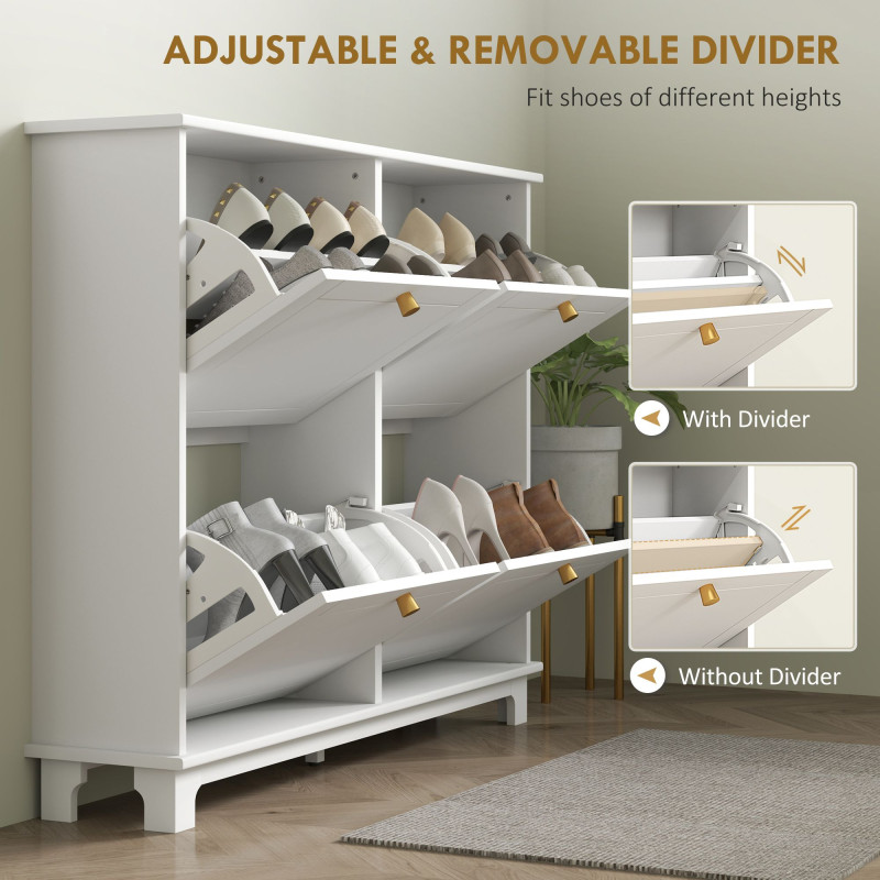 Modern Shoe Storage Cabinet, Narrow Shoe Cabinet with 4 Flip Drawers, Adjustable Shelves, 5 Legs for Entryway, White