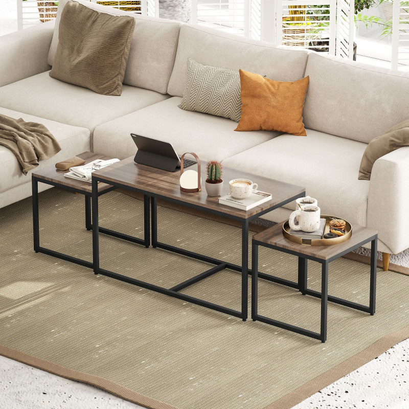 Nesting Coffee Table Set of 3, Modern End Tables with Black Metal Frame for Living Room Home Furniture, Brown