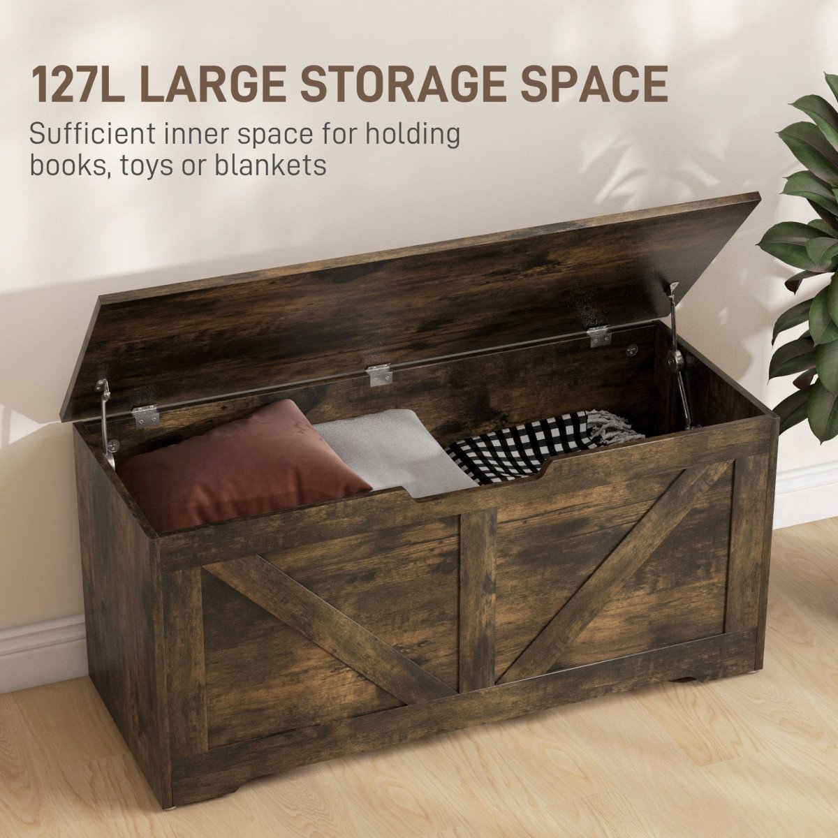 39.4 Inches Storage Chest, Storage Trunk with 2 Safety Hinges for Living Room, Brown Wood Grain