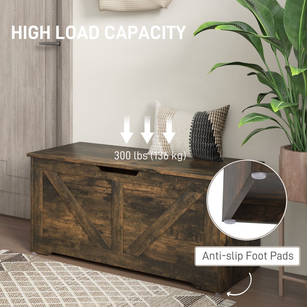 39.4 Inches Storage Chest, Storage Trunk with 2 Safety Hinges for Living Room, Brown Wood Grain