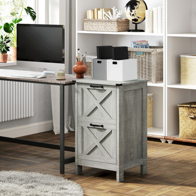 Vertical Filing Cabinet with 2 Drawers, Rustic Farmhouse Office Storage Cabinet for A4, Letter Size, Stone Grey