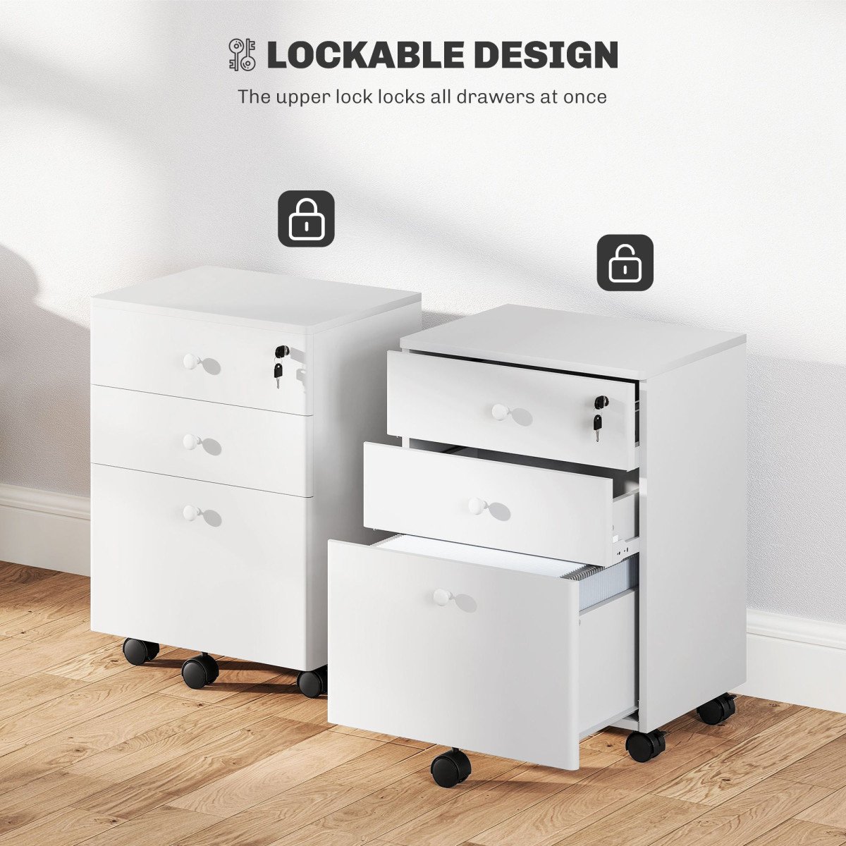3-Drawer Small Filing Cabinet with Lock, Vertical Office Storage Cabinet with Wheels for Home Office, White