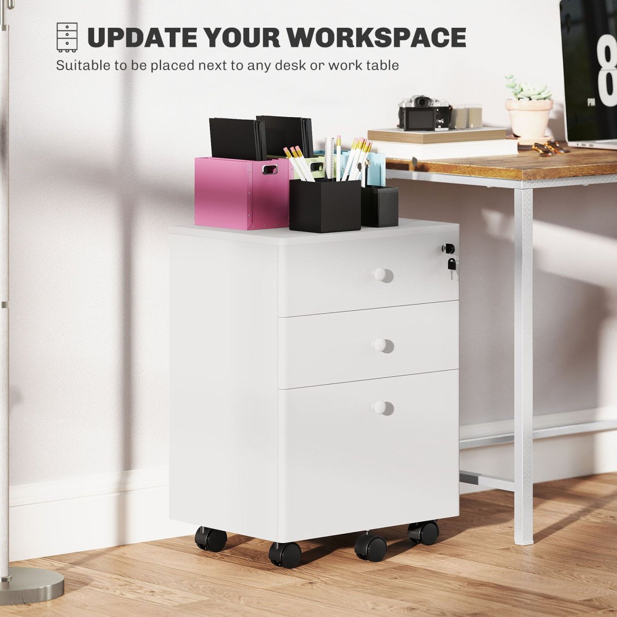 3-Drawer Small Filing Cabinet with Lock, Vertical Office Storage Cabinet with Wheels for Home Office, White