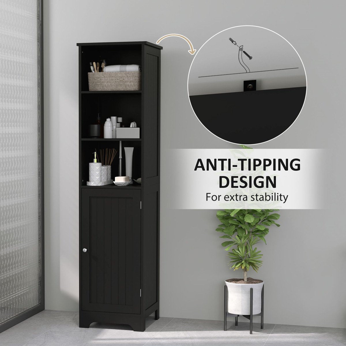 Tall Bathroom Storage Cabinet, Freestanding Tower Cabinet with Adjustable Shelf, 3 Open Shelves, Black
