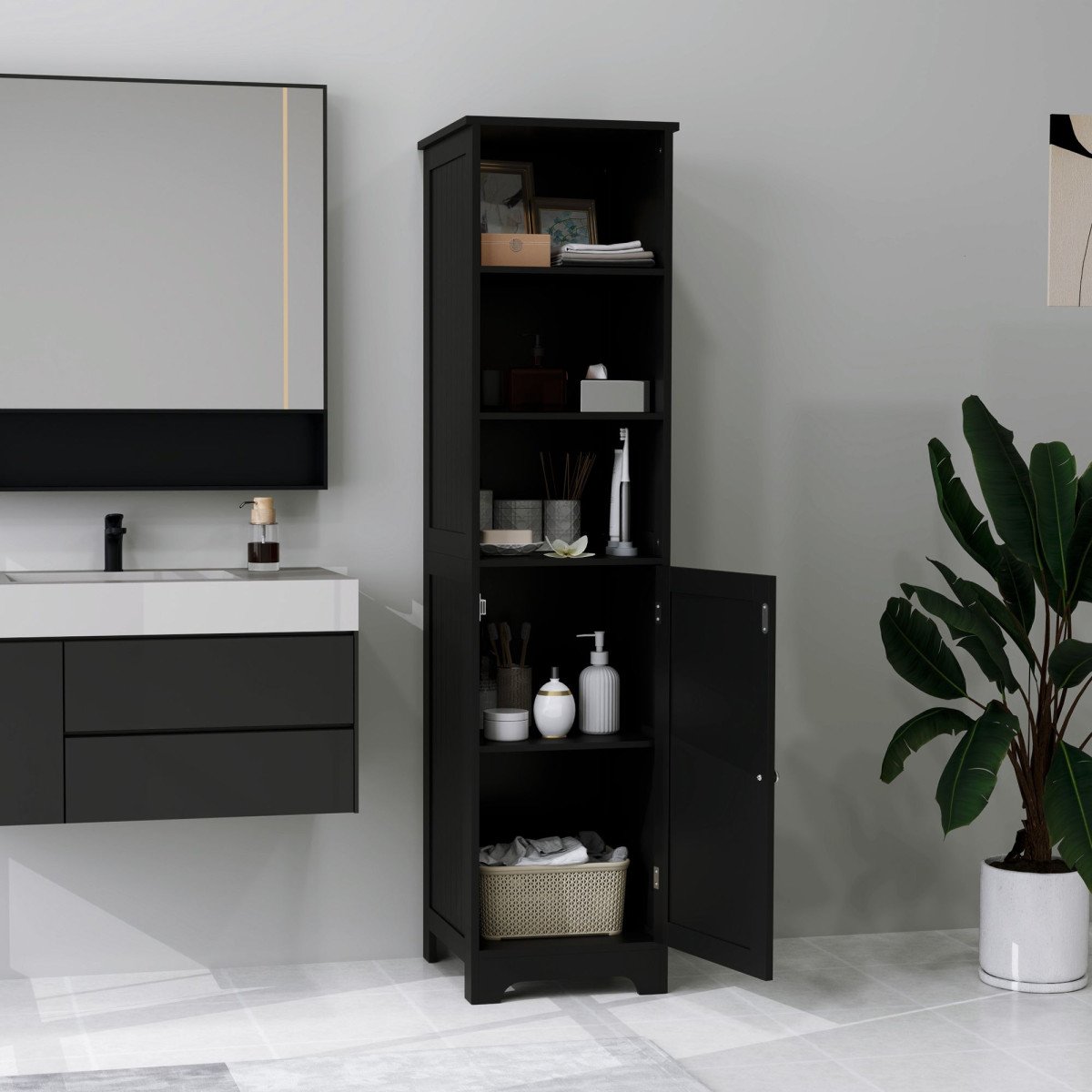 Tall Bathroom Storage Cabinet, Freestanding Tower Cabinet with Adjustable Shelf, 3 Open Shelves, Black
