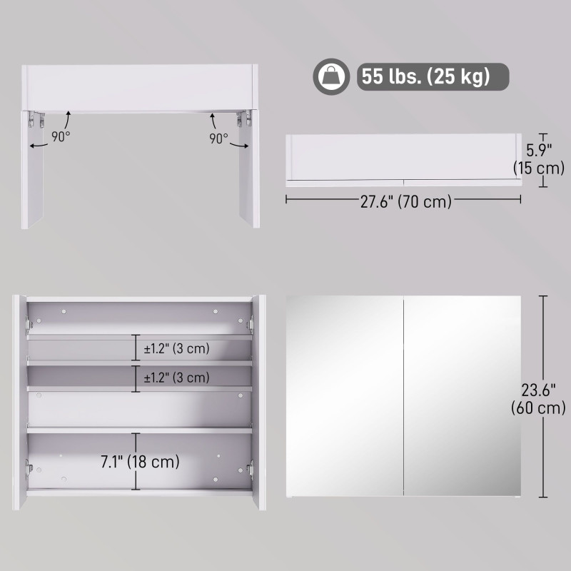 Wall Mount Mirrored Medicine Cabinet, Bathroom Mirror Cabinet with Adjustable Shelf, Double Soft Closing Doors, Light Lilac