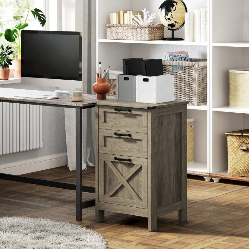 Vertical Filing Cabinet with 3 Drawers, Rustic Farmhouse Office Storage Cabinet for A4, Letter Size, Grey Wash