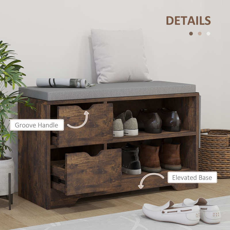 Upholstered Shoe Storage Bench w/ Seat, Entrance Bench w/ Drawer Open Shelves and Pocket for Hallway, Rustic Brown