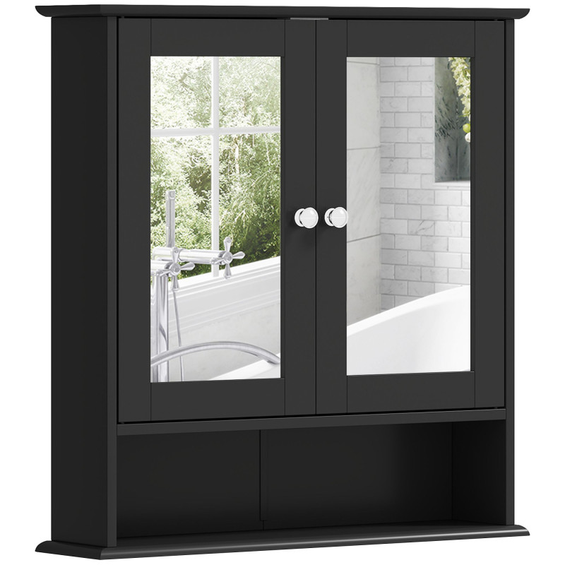Medicine Cabinet, Wall-Mounted Bathroom Mirror Cabinet with Double Doors, Open Shelf, and Adjustable Shelf, Modern Bathroom Wall Cabinet, Black