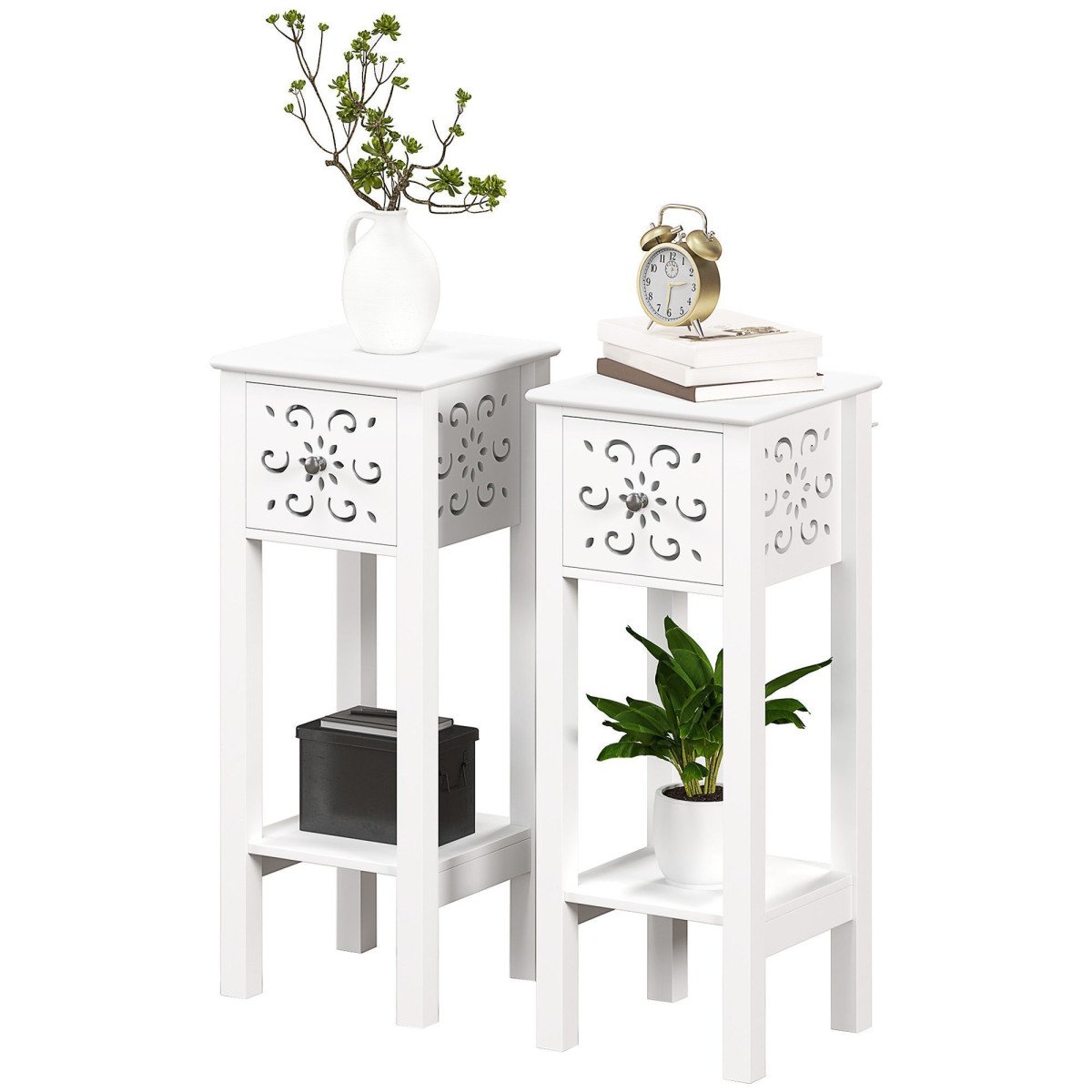 Nightstand Set of 2 with Drawer and Open Storage Shelf White
