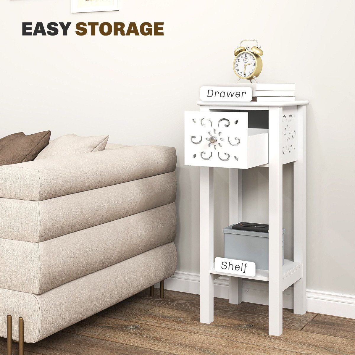 Nightstand Set of 2 with Drawer and Open Storage Shelf White