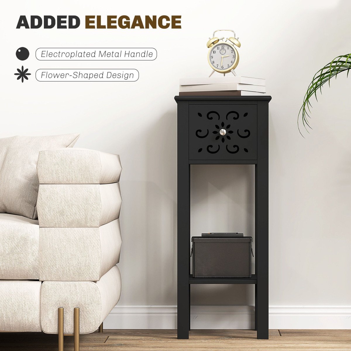Nightstand Set of 2 with Drawer and Open Storage Shelf Black