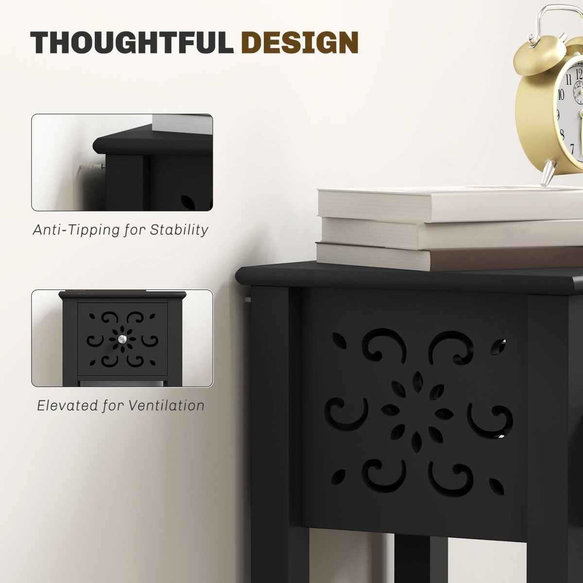 Nightstand Set of 2 with Drawer and Open Storage Shelf Black