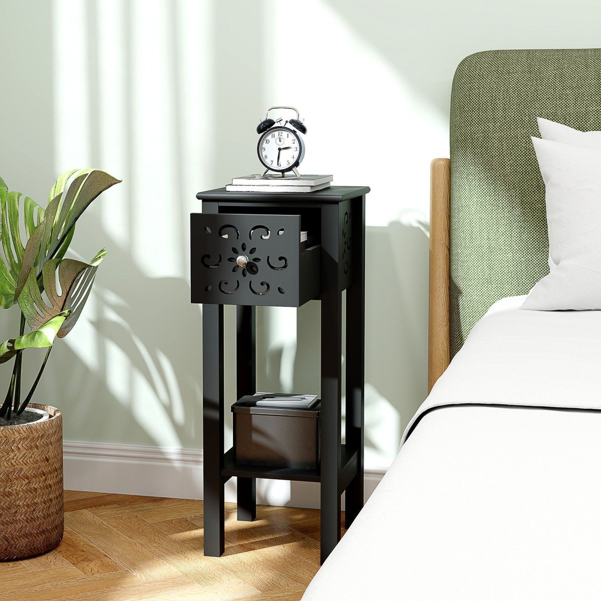 Nightstand Set of 2 with Drawer and Open Storage Shelf Black