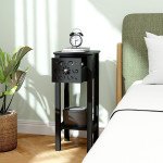 Nightstand Set of 2 with Drawer and Open Storage Shelf Black