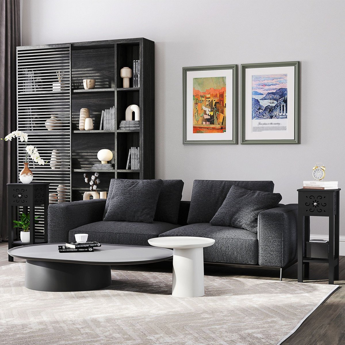 Nightstand Set of 2 with Drawer and Open Storage Shelf Black
