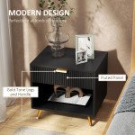Nightstand with Fluted Panel, Bedside Table with Drawer and Open Compartment, Modern Night Table for Bedroom, Black