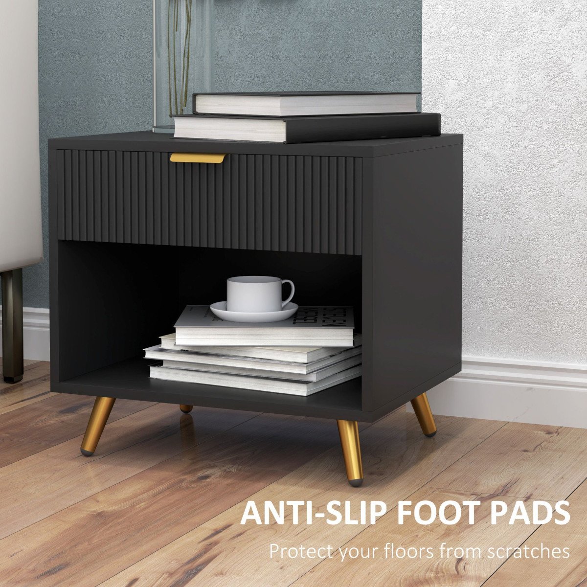 Nightstand with Fluted Panel, Bedside Table with Drawer and Open Compartment, Modern Night Table for Bedroom, Black