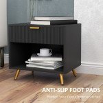 Nightstand with Fluted Panel, Bedside Table with Drawer and Open Compartment, Modern Night Table for Bedroom, Black